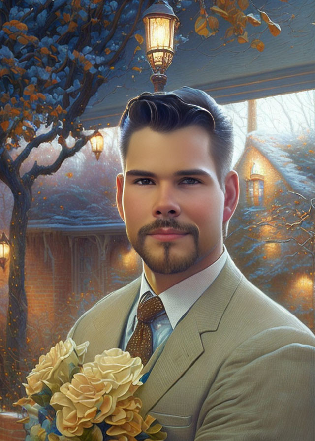 Styled man with cream roses bouquet in evening setting