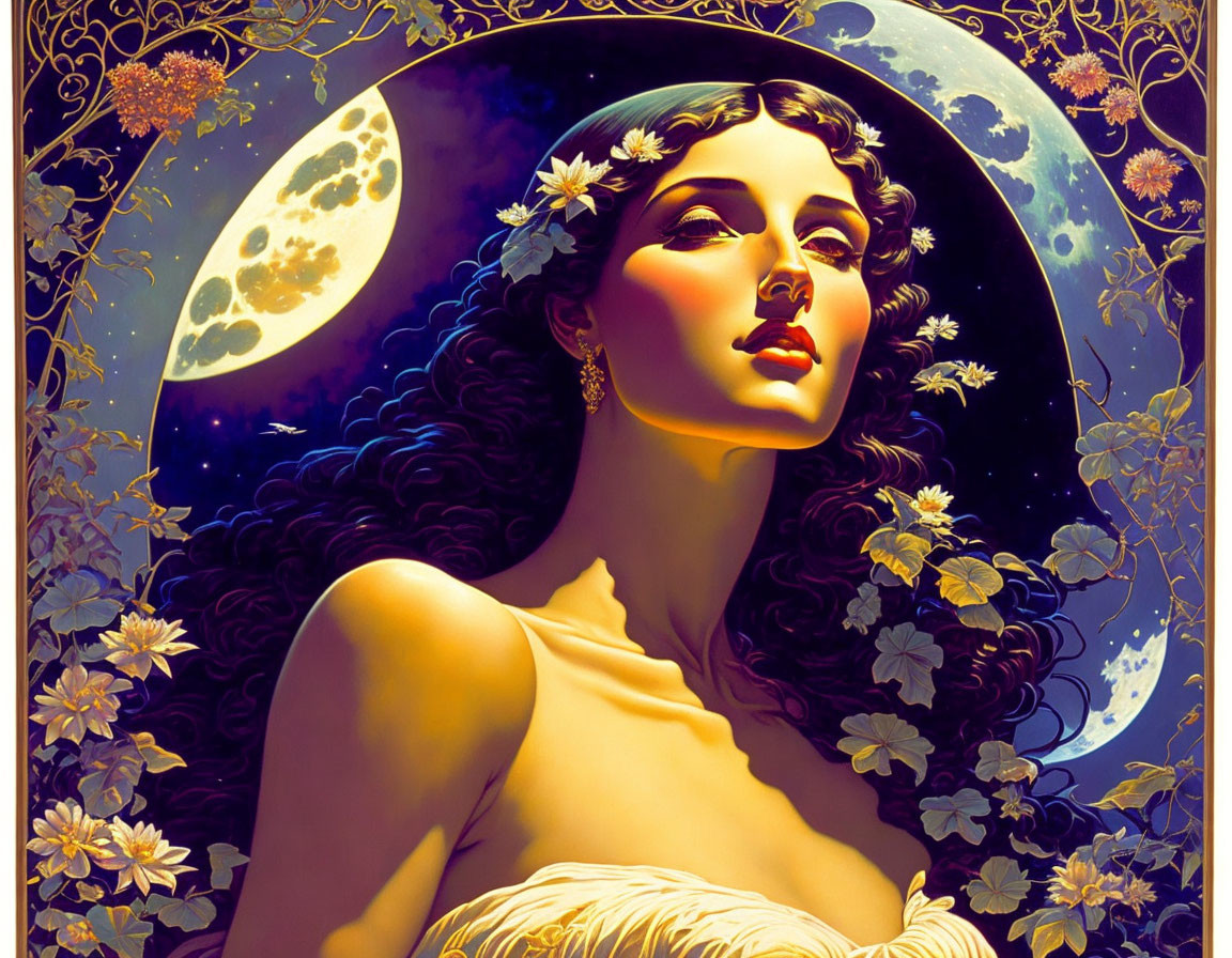 Illustrated portrait of woman with flower crown, black hair, moon backdrop, and floral border