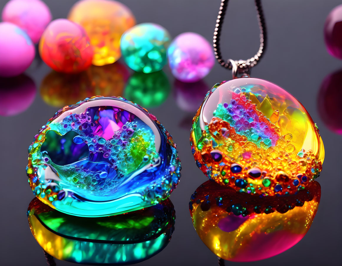 Some colorful handmade liquid glass jewelry