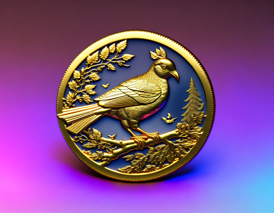 Embossed Golden Bird Coin with Detailed Foliage on Gradient Background