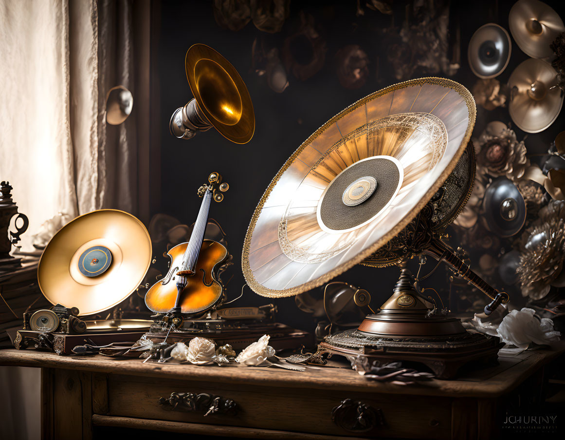 Vintage Still Life with Phonograph, Violin, and Ornate Items on Wooden Table