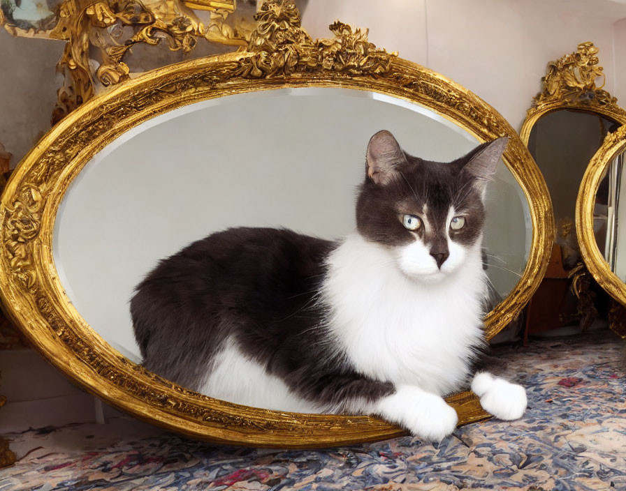 Gray and White Cat Resting in Gold-Framed Mirror Reflection