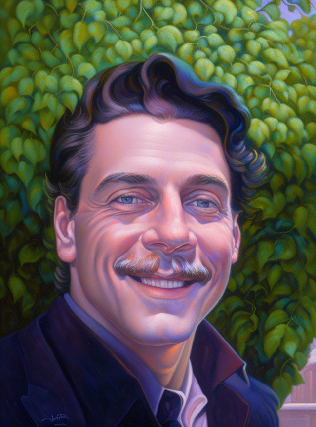 Smiling man with neat mustache and wavy hair against lush green leaves