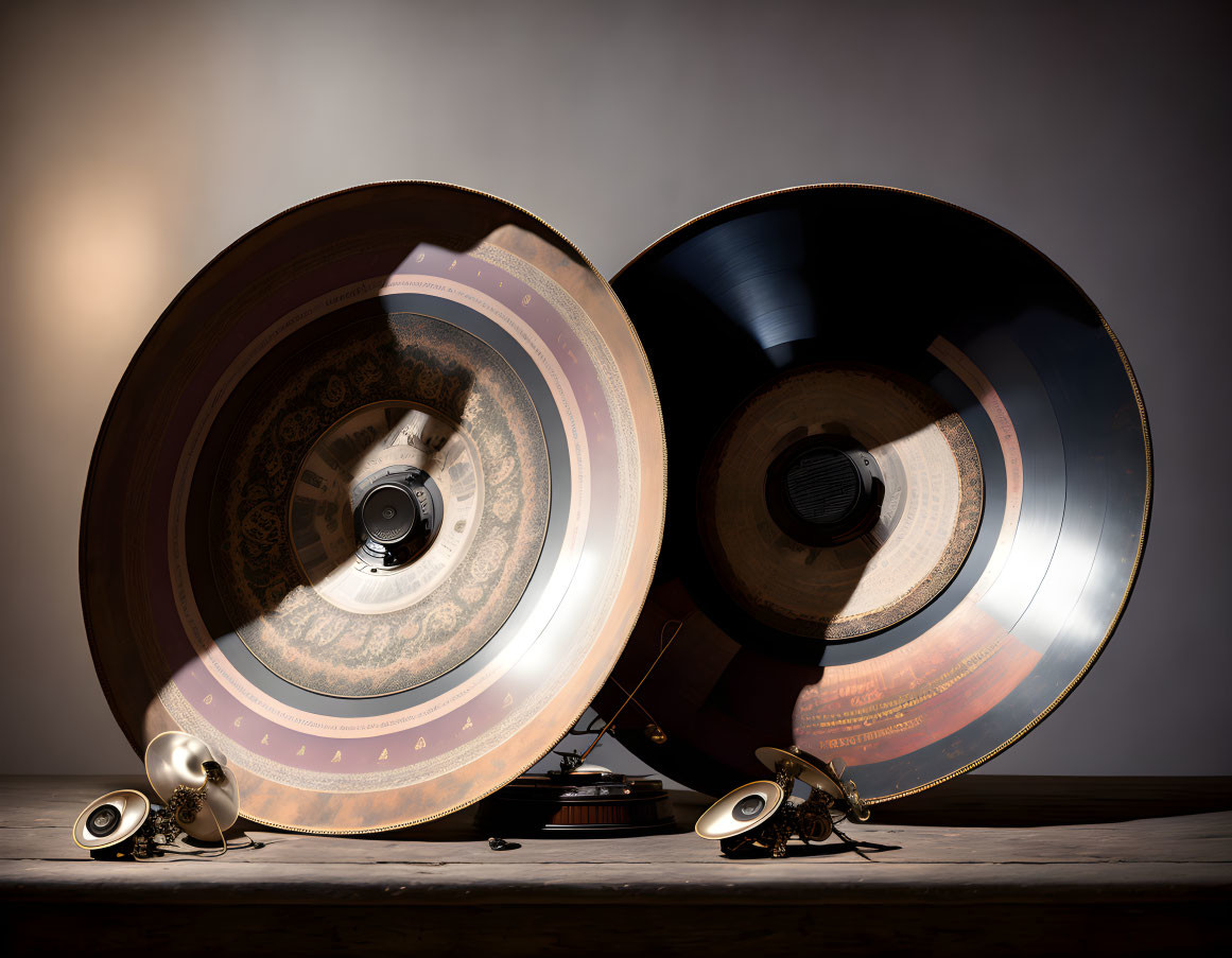 Vintage Gramophone Discs with Golden Details on Wooden Surface & Classic Horn Speakers
