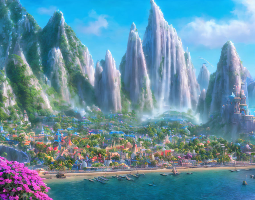 Majestic fantasy landscape with waterfalls, cliffs, village, greenery, and boats