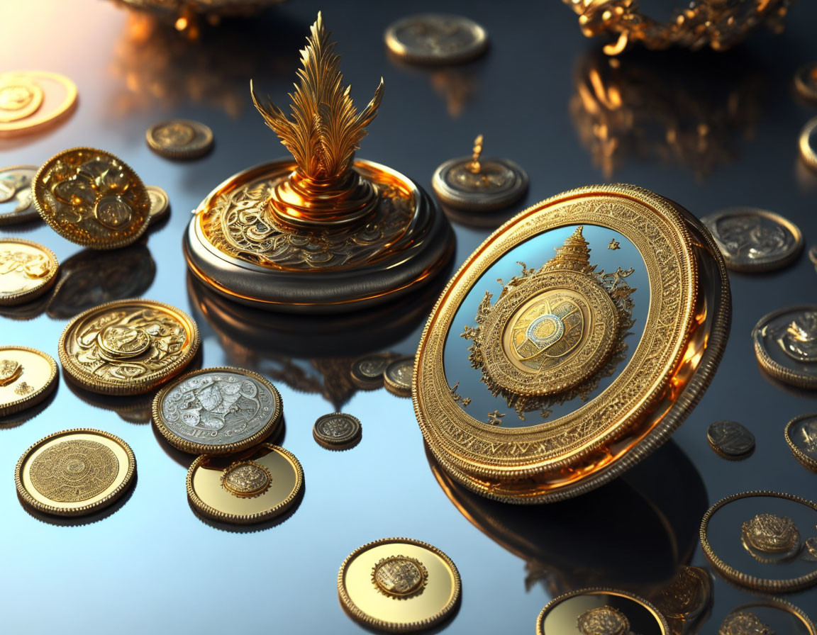 Intricate Design Golden Coins on Reflective Surface