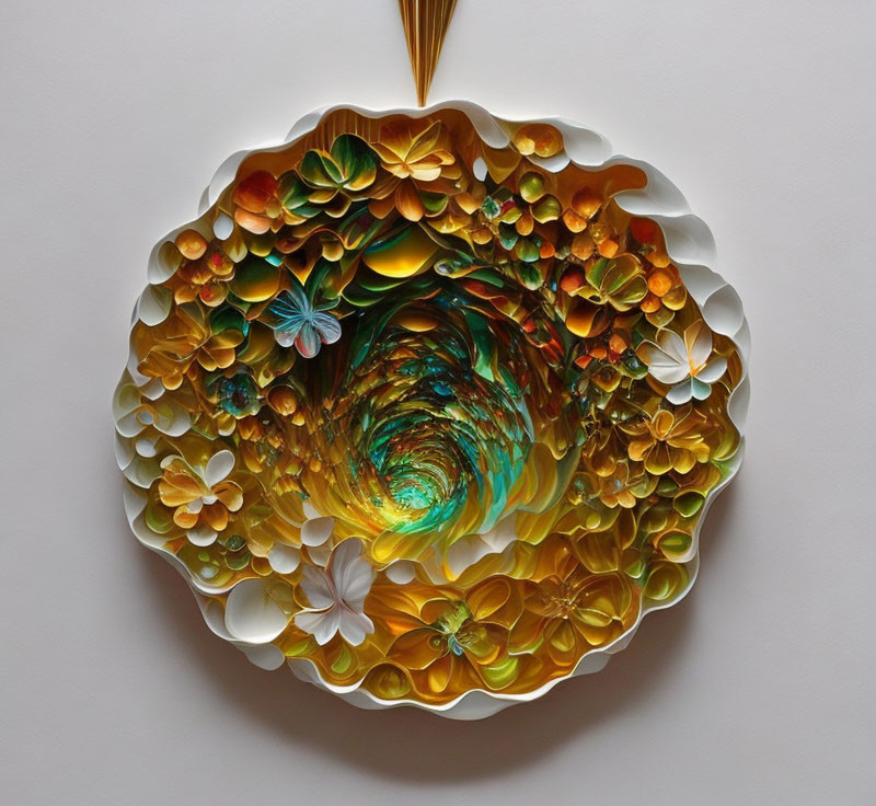 Vibrant 3D floral vortex wall art in gold, green, and blue