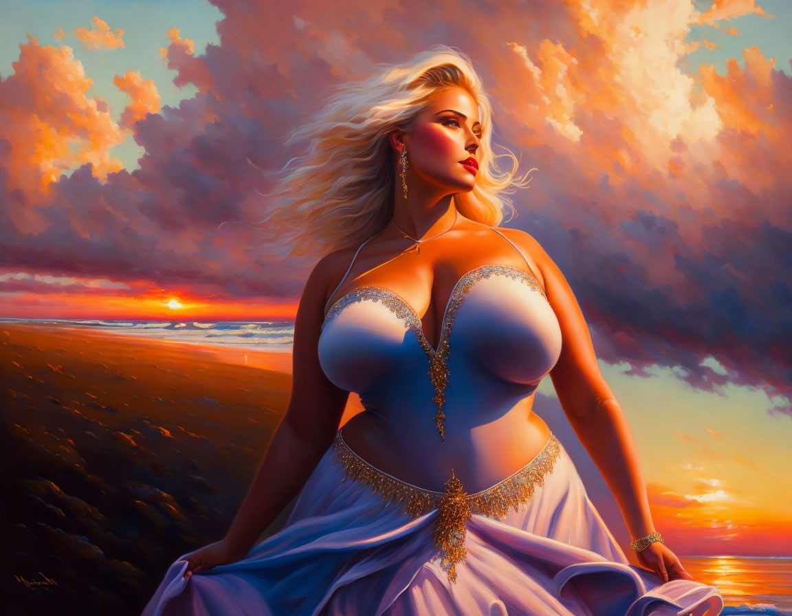 a blonde curvy woman at sunset next to a coast
