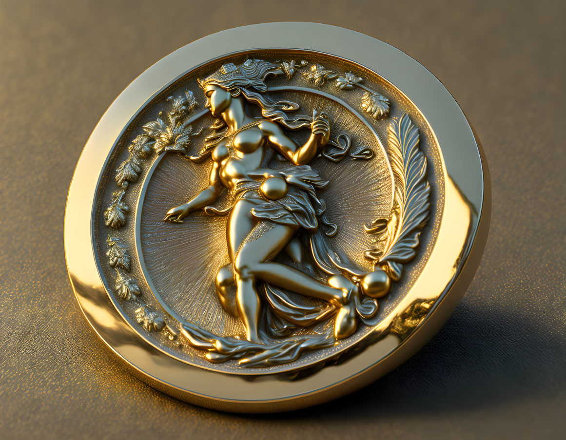 Embossed Gold and Silver Coin with Classical Woman Figure and Quill