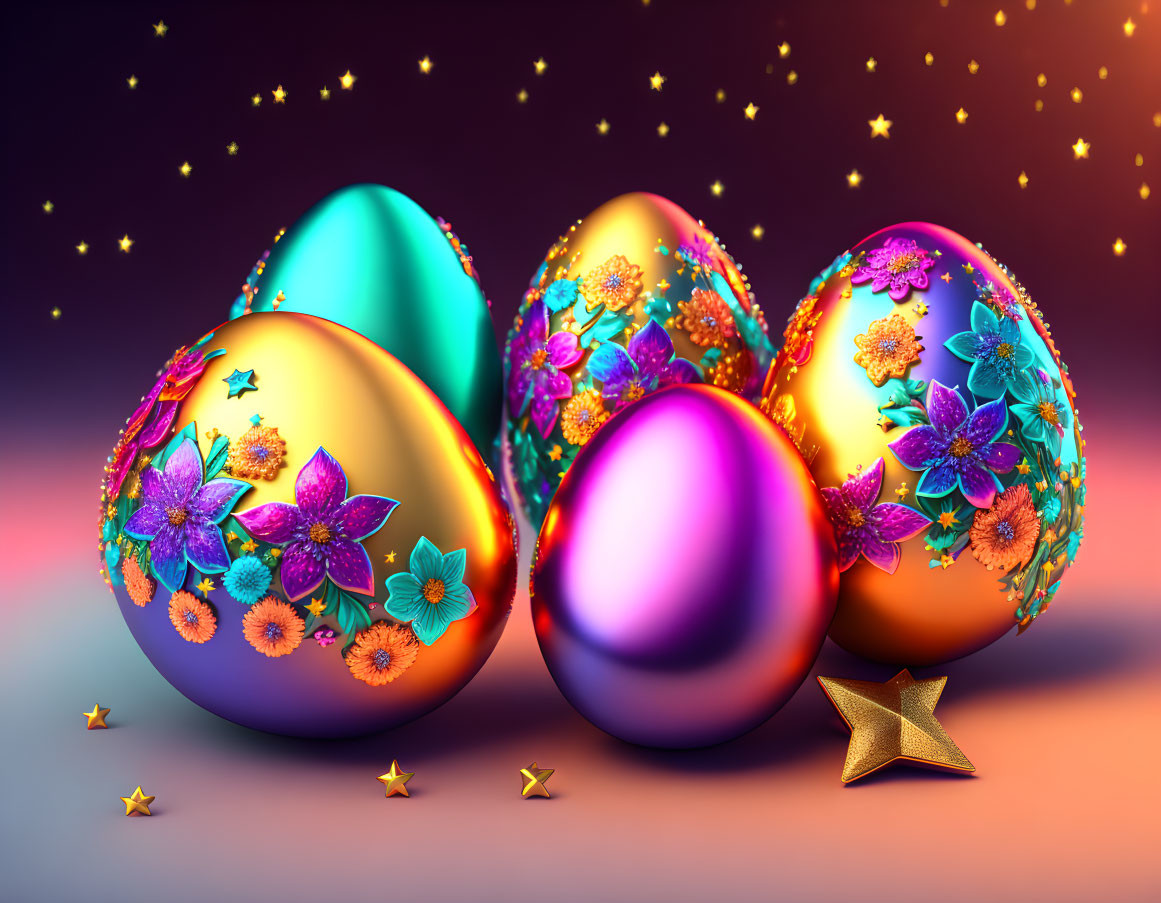 Ornate Easter eggs with floral patterns and golden star on twilight background