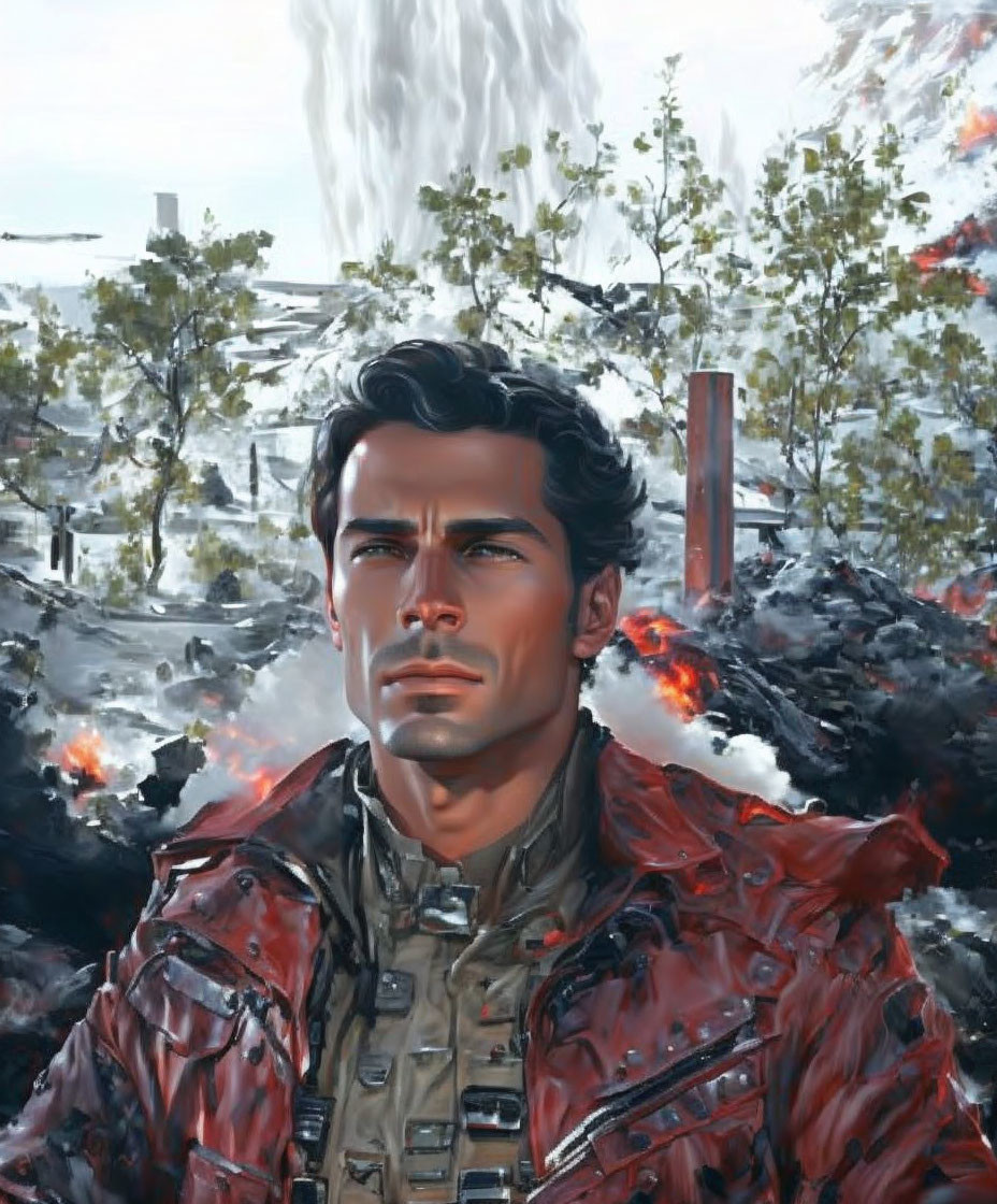 Stoic man in red leather jacket against snowy landscape and volcanic eruptions