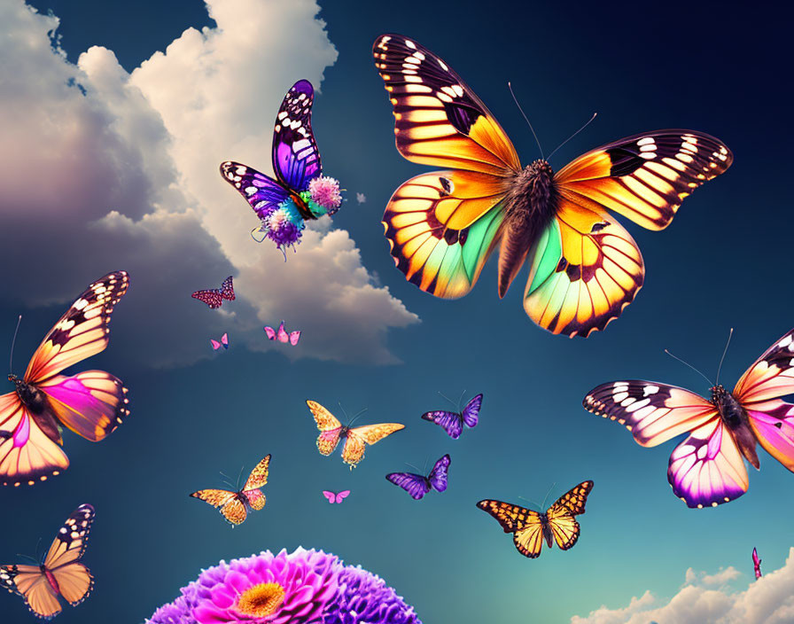 Colorful butterflies swirling around purple flower under blue sky