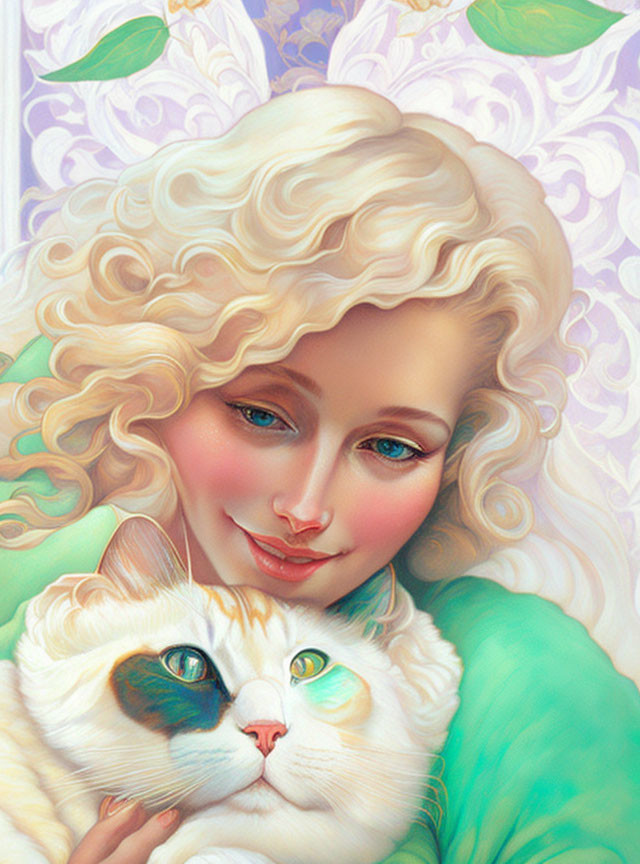 a happy blonde woman has a white cat in her arms