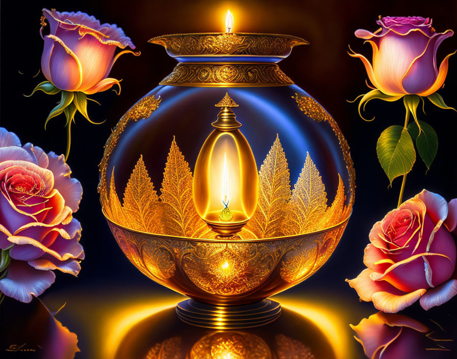 Ornate lamp with glowing filament surrounded by radiant roses on reflective surface
