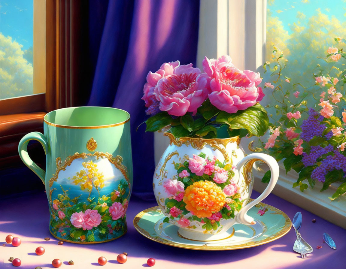 Colorful artwork featuring cup, pitcher, peonies, scattered petals, and garden view