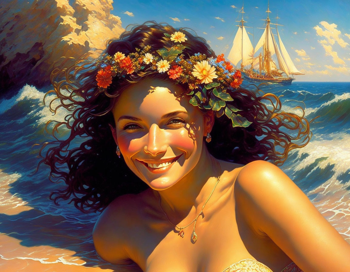 Smiling woman with floral wreath at sea with sailboat