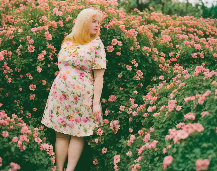 Blond person in floral dress among pink roses bush