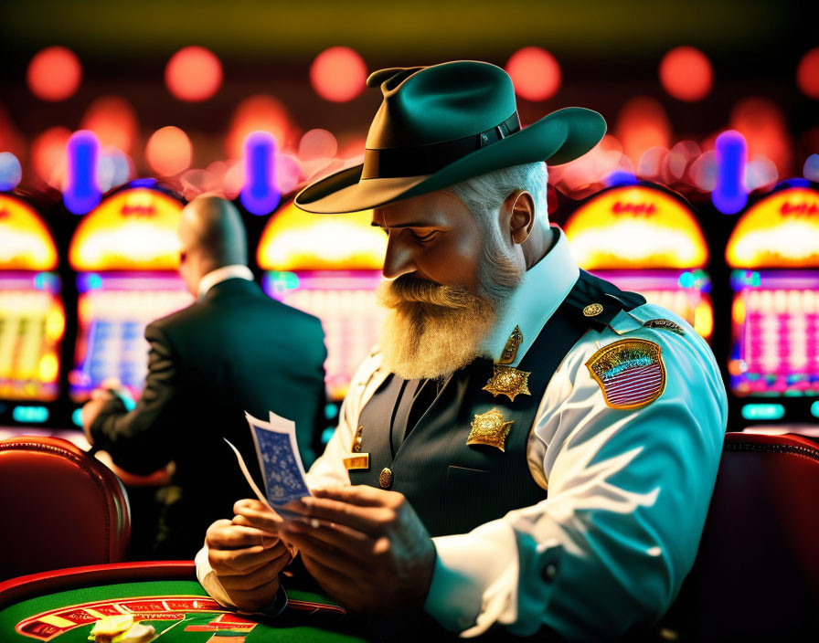 Bearded man in sheriff costume with badge at casino slot machine.