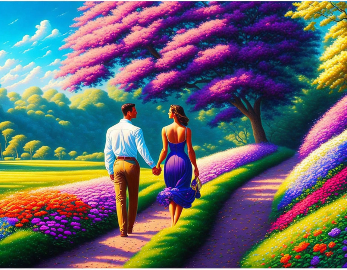 Couple walking on flower-lined path under purple tree canopy