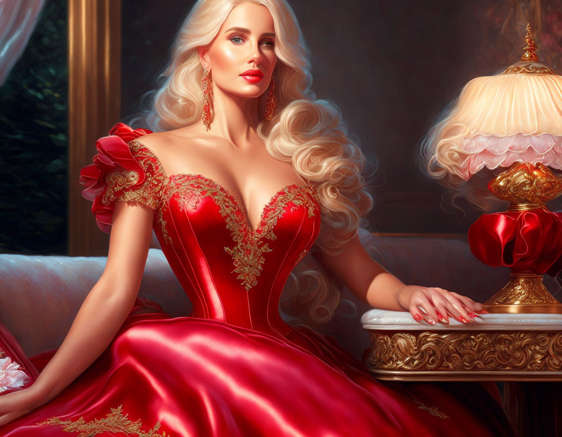 Luxurious Woman in Red Gown Seated by Lamp in Elegant Room