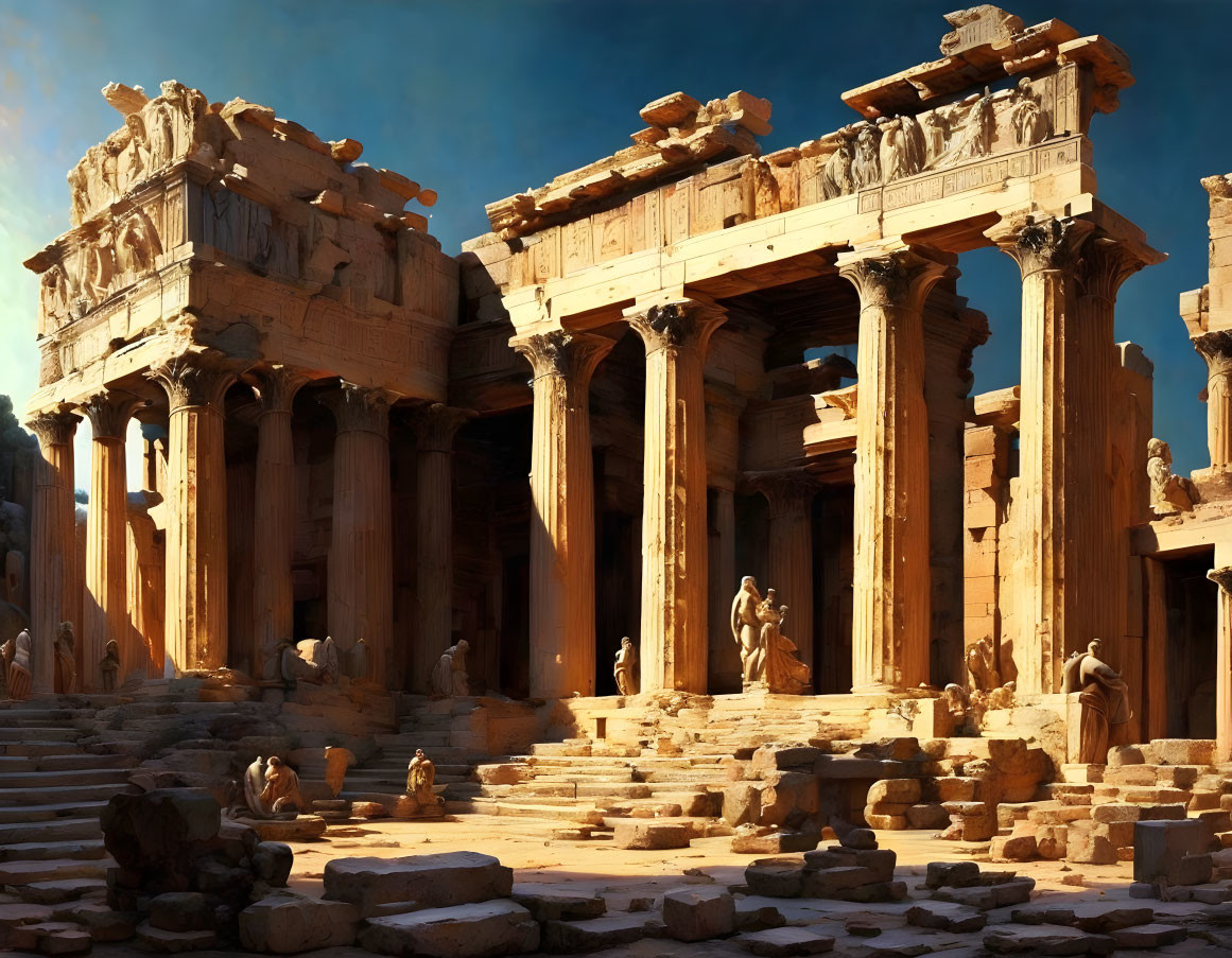 Ancient ruins with Corinthian columns and statues under clear blue sky
