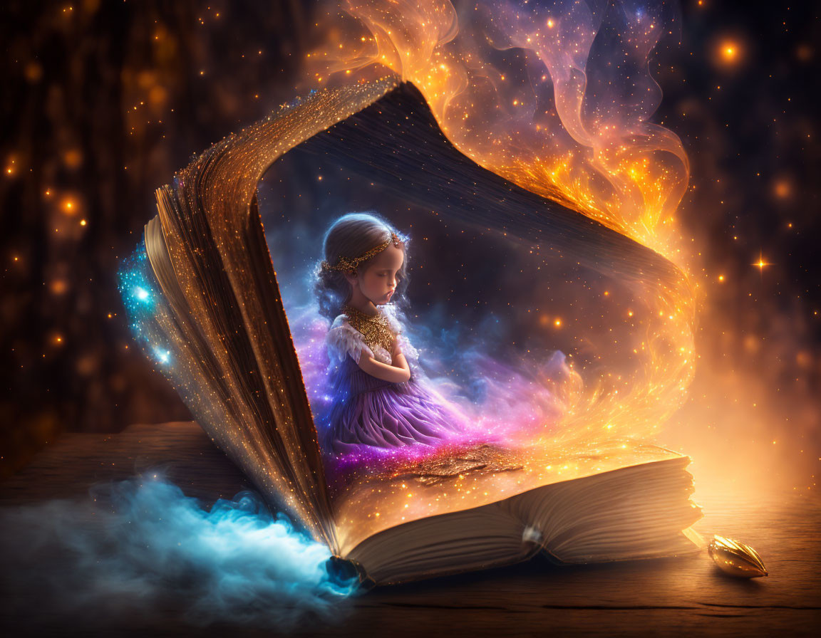 Young girl in sparkling dress surrounded by cosmic light within magical book