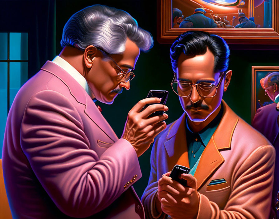 Stylized men in vintage suits on smartphones in colorful scene