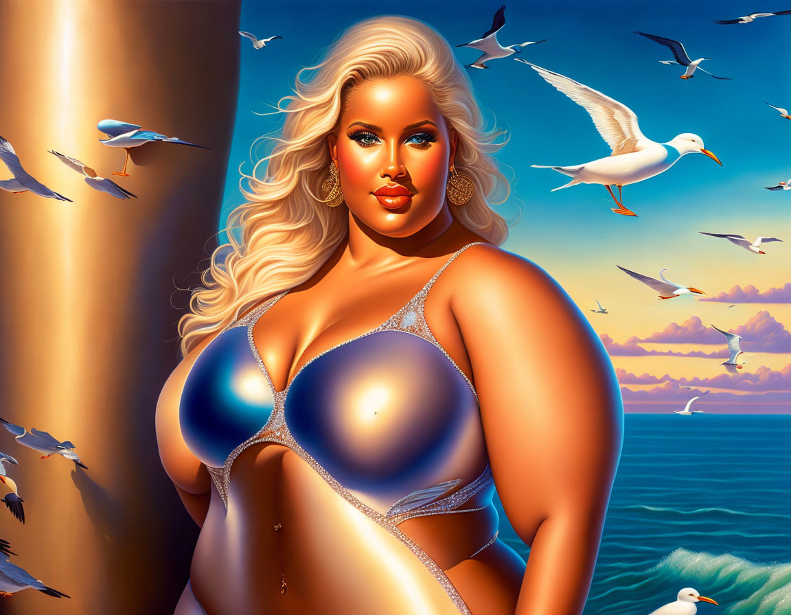 Digital artwork: Curvaceous woman in shimmering bikini by the sea, with seagulls and