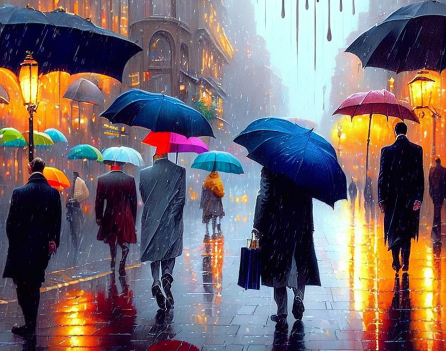 Rainy city street scene with people and umbrellas under colorful lights