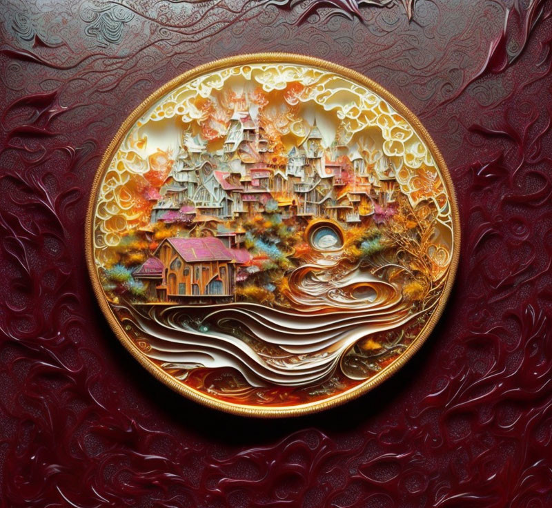 Circular relief carving of fantasy landscape with ornate buildings, swirling patterns, vibrant colors on red background