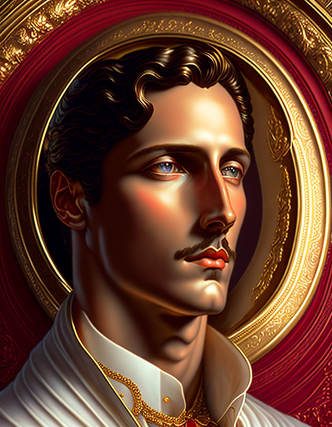 Stylized regal man with dark hair and mustache on golden ornate background