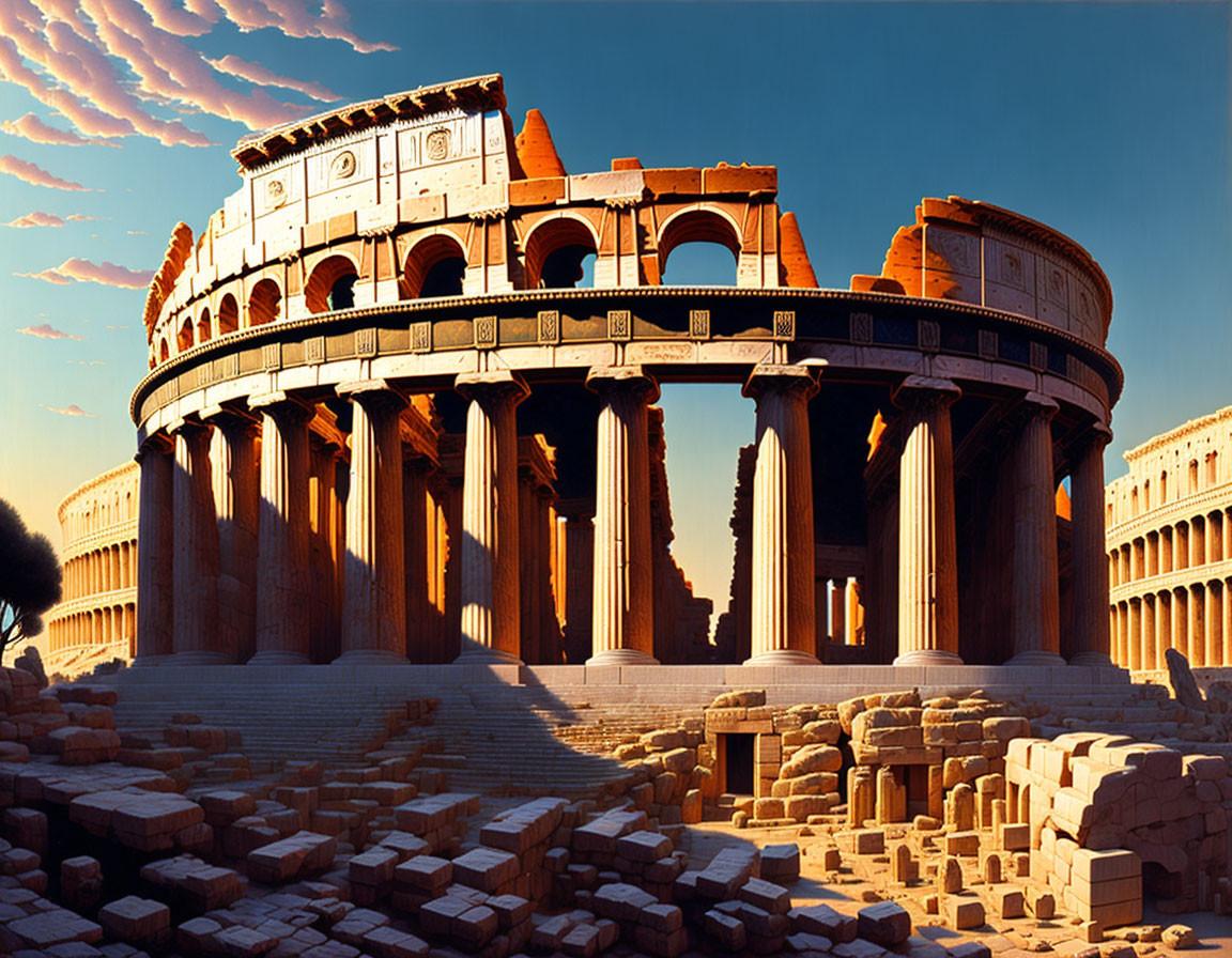 Digital artwork of a sunset scene with ruined Roman Colosseum