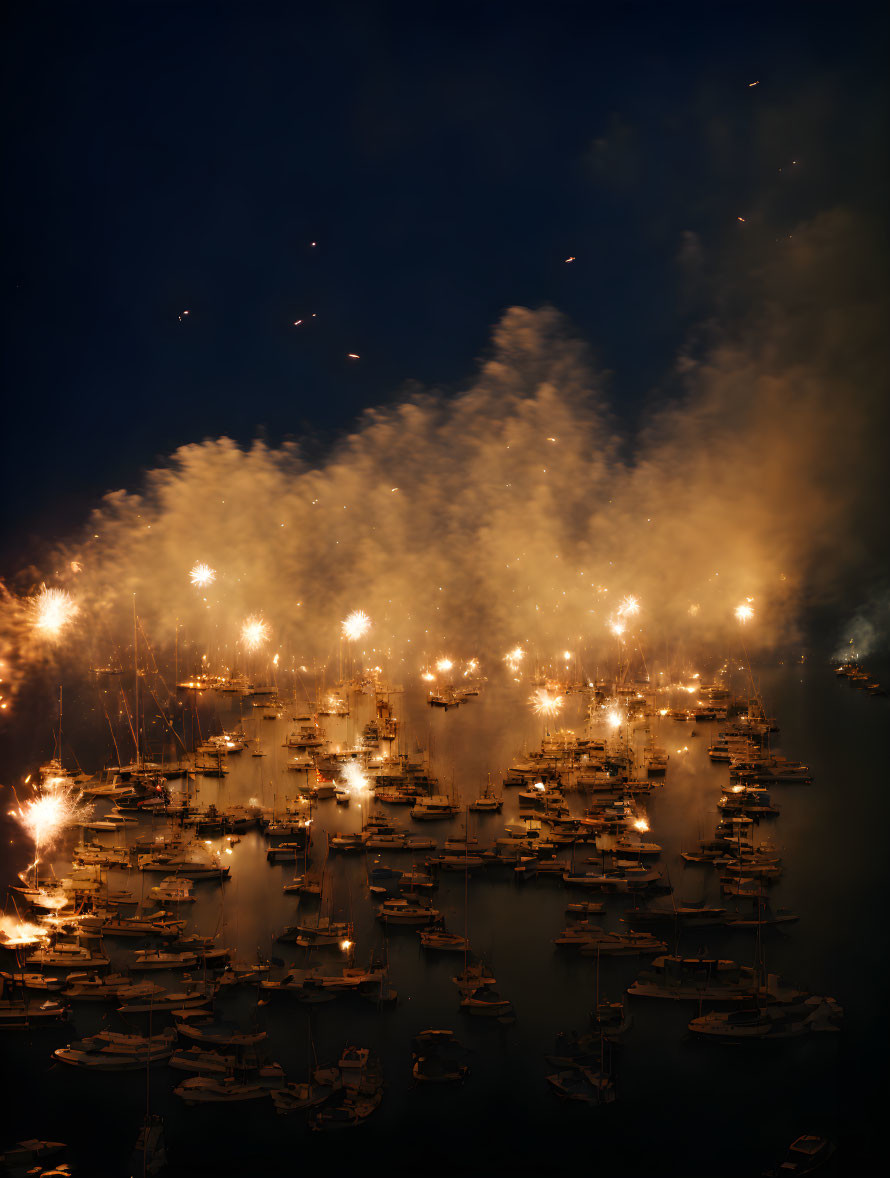 fireworks in the sky through boats