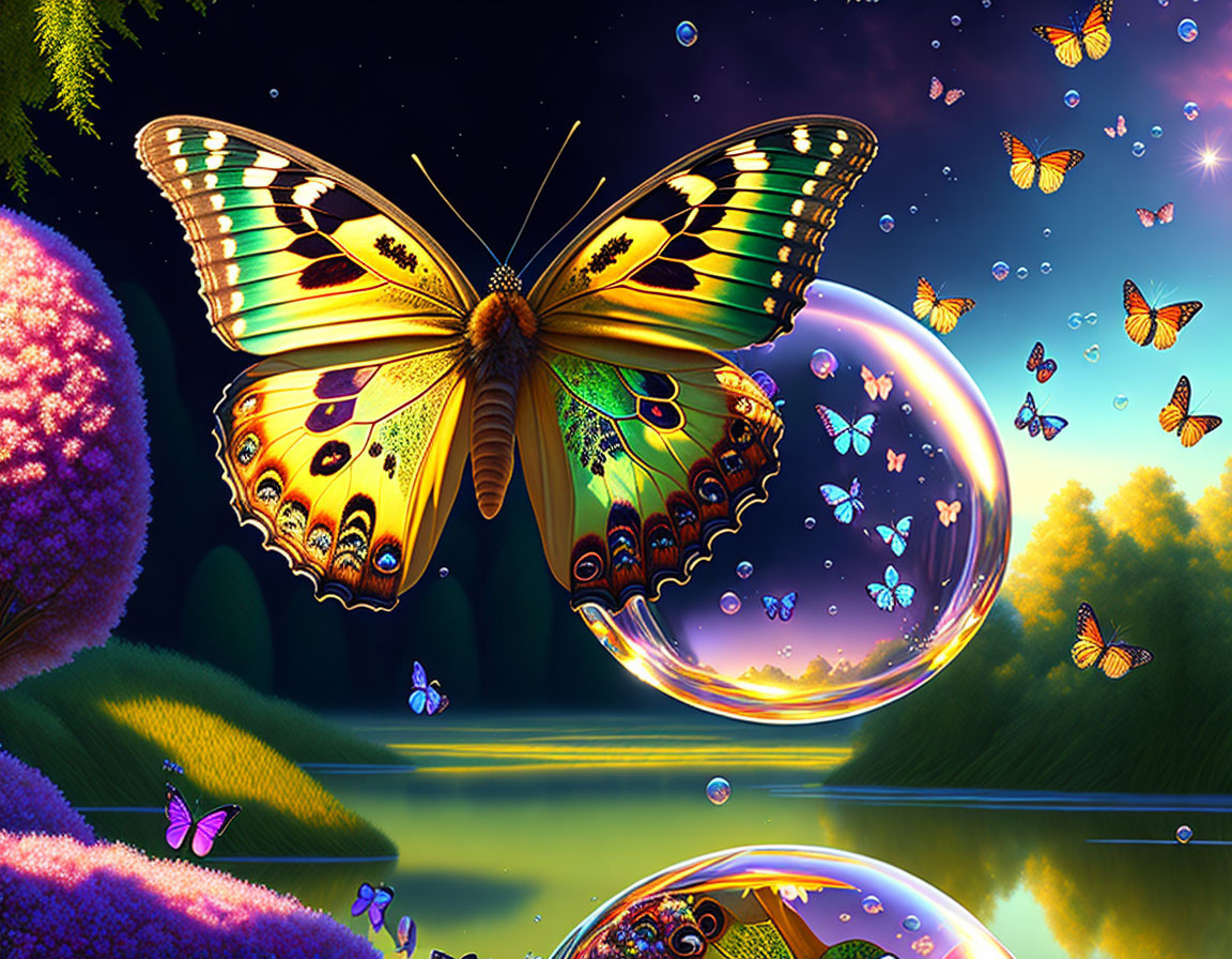 Detailed digital artwork featuring a large butterfly, reflective bubble, lush vegetation, and starlit sky