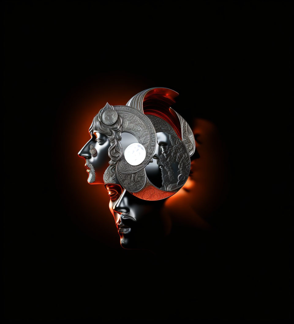 Composite Image: Three Silver Warrior Helmets with Red Lighting on Dark Background