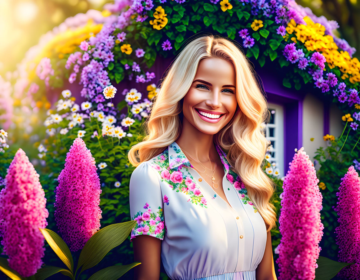 A blonde woman in a flower garden of a house