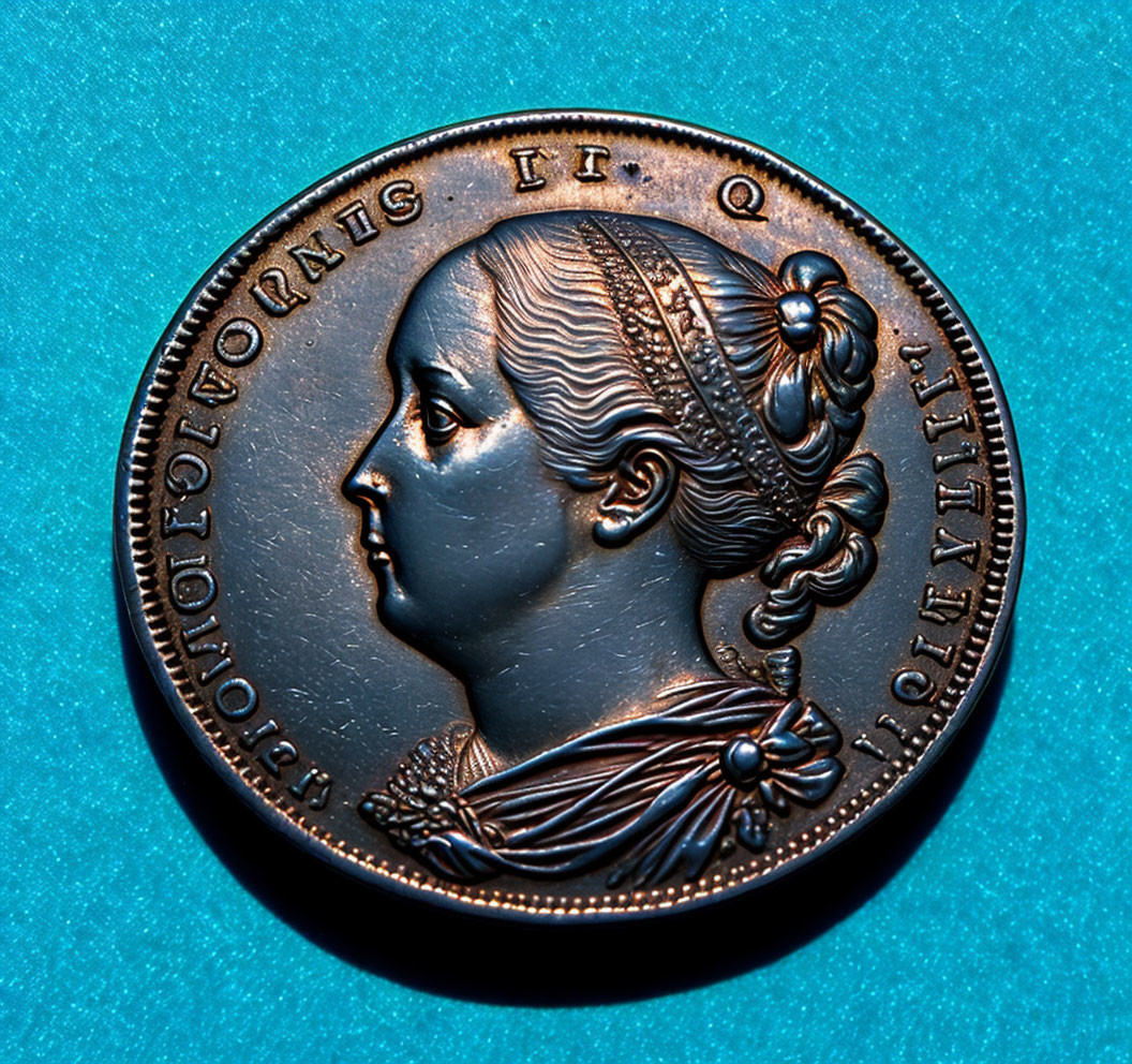 Detailed antique coin profile of classical female figure on teal background