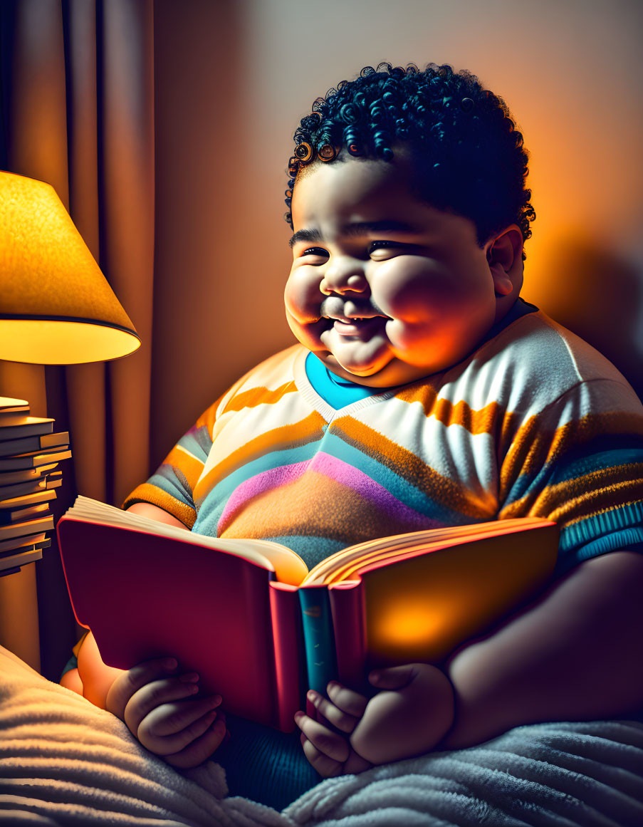 Child with curly hair reading book by bedside lamp