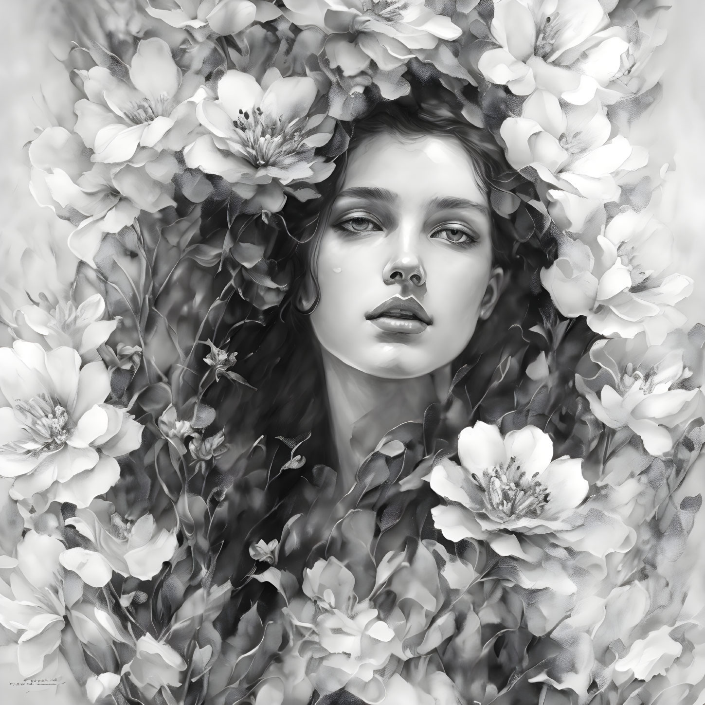 Monochrome image of woman with serene expression surrounded by floral blossoms
