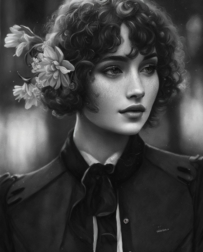 Monochrome portrait of person with curly hair and flowers, wearing collared shirt and bow, gazing