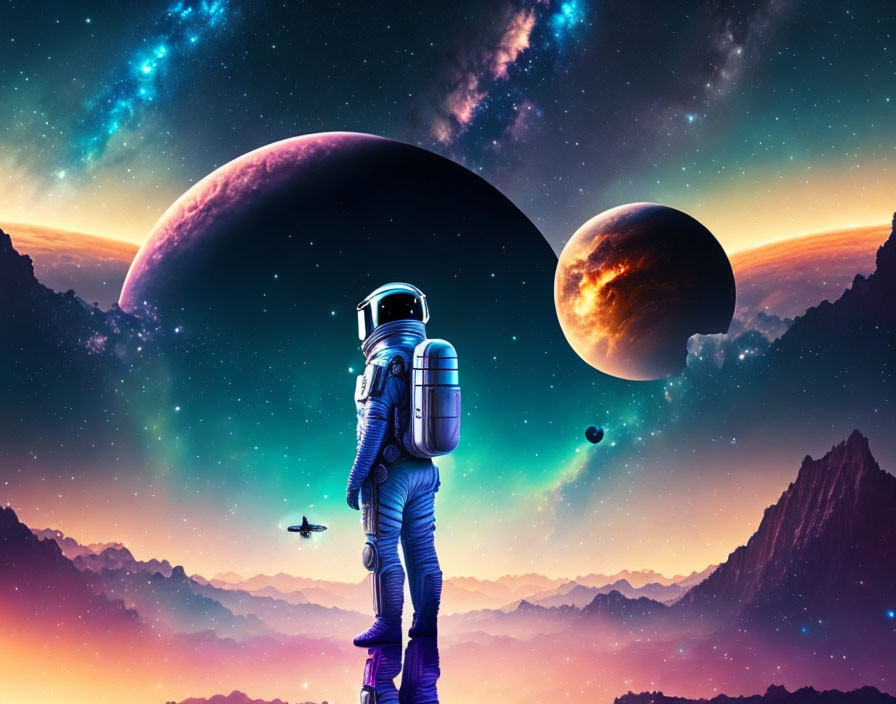 Astronaut on rocky terrain under vibrant cosmic sky