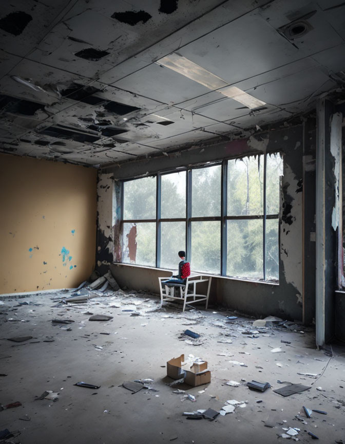 Child sitting at desk in abandoned room with large window