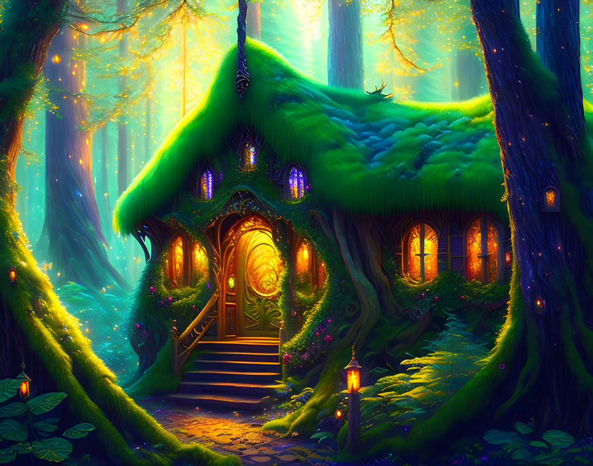 Enchanting forest scene with whimsical tree house and warm lights
