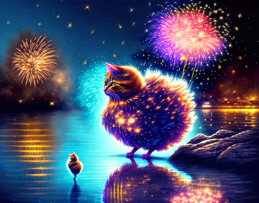 Colorful Firework Display with Fluffy Cat and Reflection in Digital Art