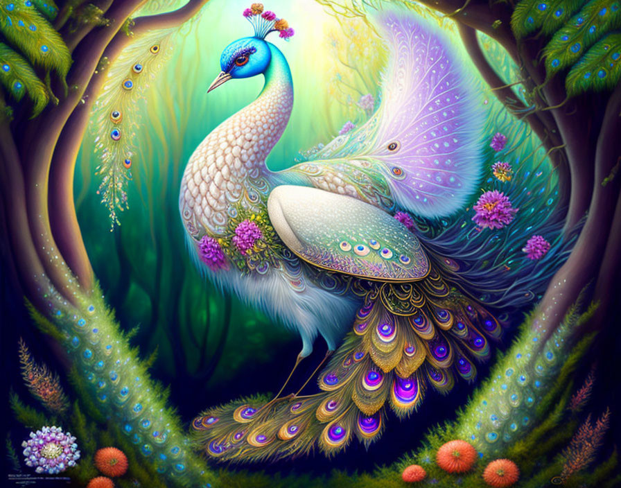 Colorful Peacock Illustration in Enchanted Forest Scene
