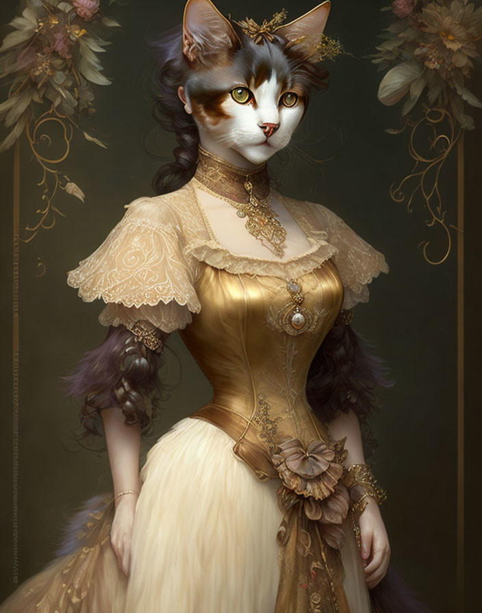 Anthropomorphic cat in ornate Victorian dress with jewelry and lace on muted floral backdrop