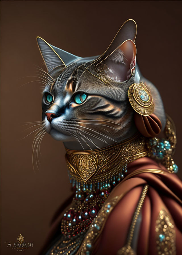 Anthropomorphic cat in regal attire with green eyes and golden jewelry.