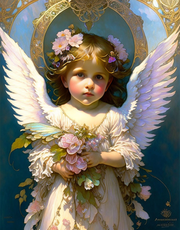Illustration of angelic child with white wings in cream dress with pink flowers and butterflies