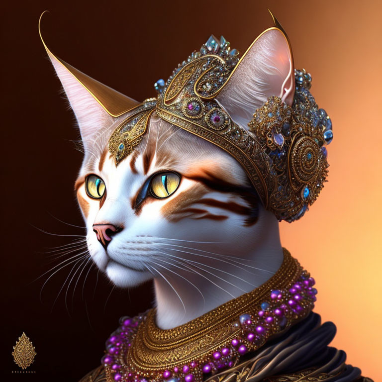 Regal digital artwork: Cat with human-like eyes in golden headdress