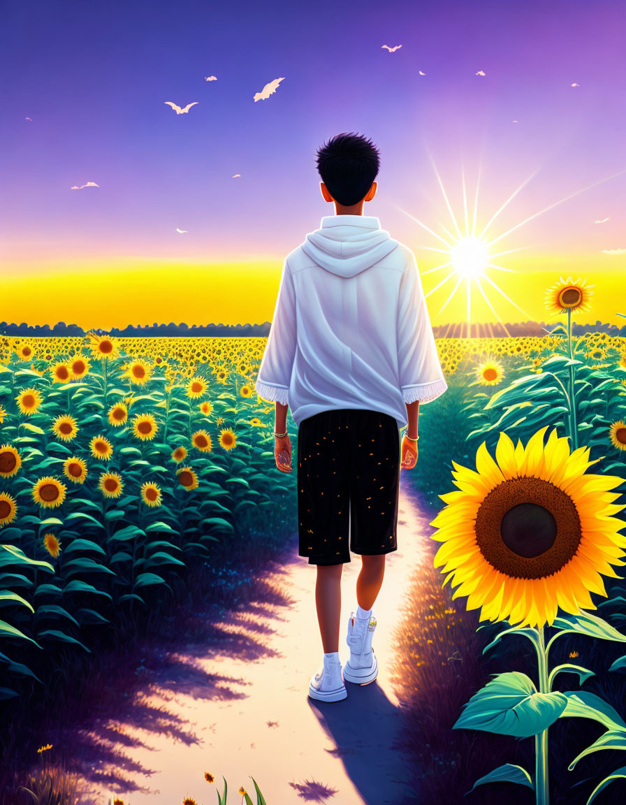 Person in White Hoodie Among Sunflowers at Sunrise with Birds Flying